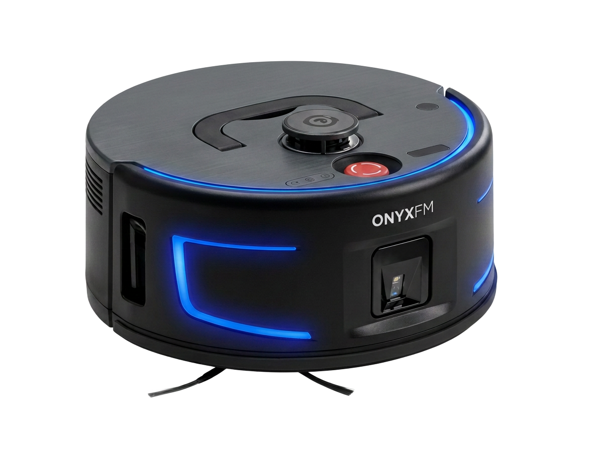 ONYXFM-branded compact autonomous disc sweeper robot for tight spaces