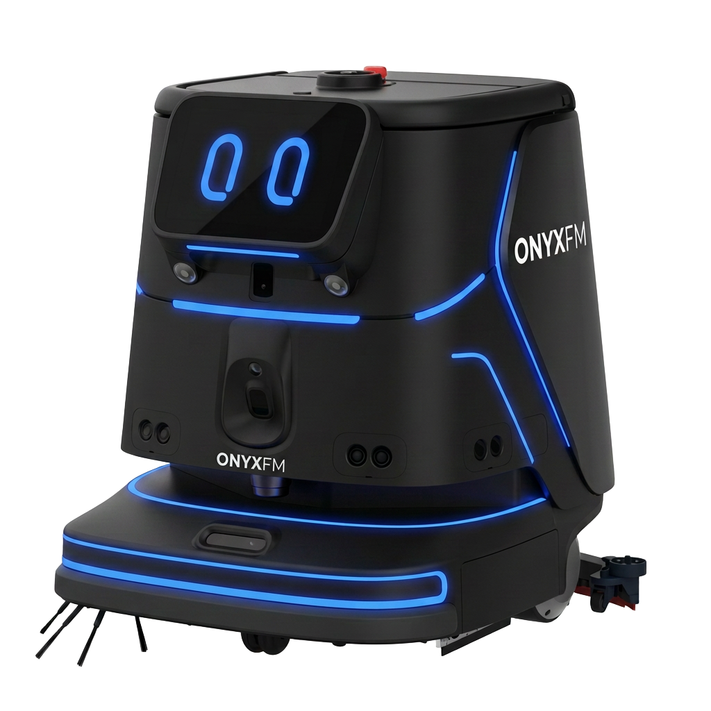 ONYXFM-branded mid-size autonomous scrubber robot with illuminated sensor face