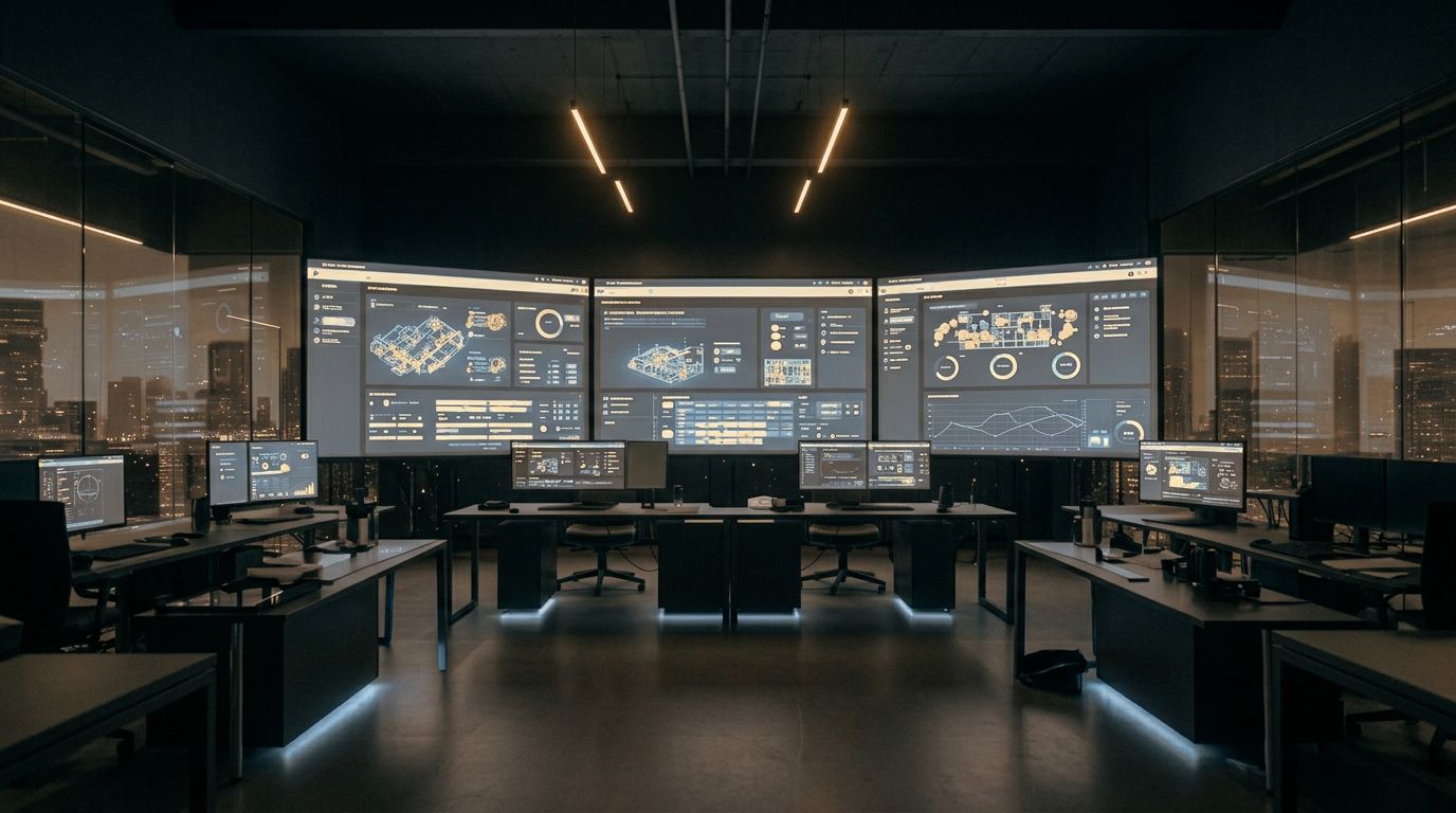 Modern operations center with facility management dashboards