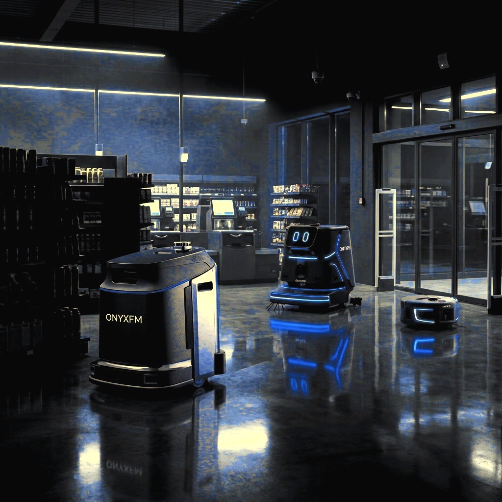 Three ONYXFM autonomous cleaning robots, a large scrubber, a mid-size scrubber, and a compact sweeper, working a supermarket floor at night