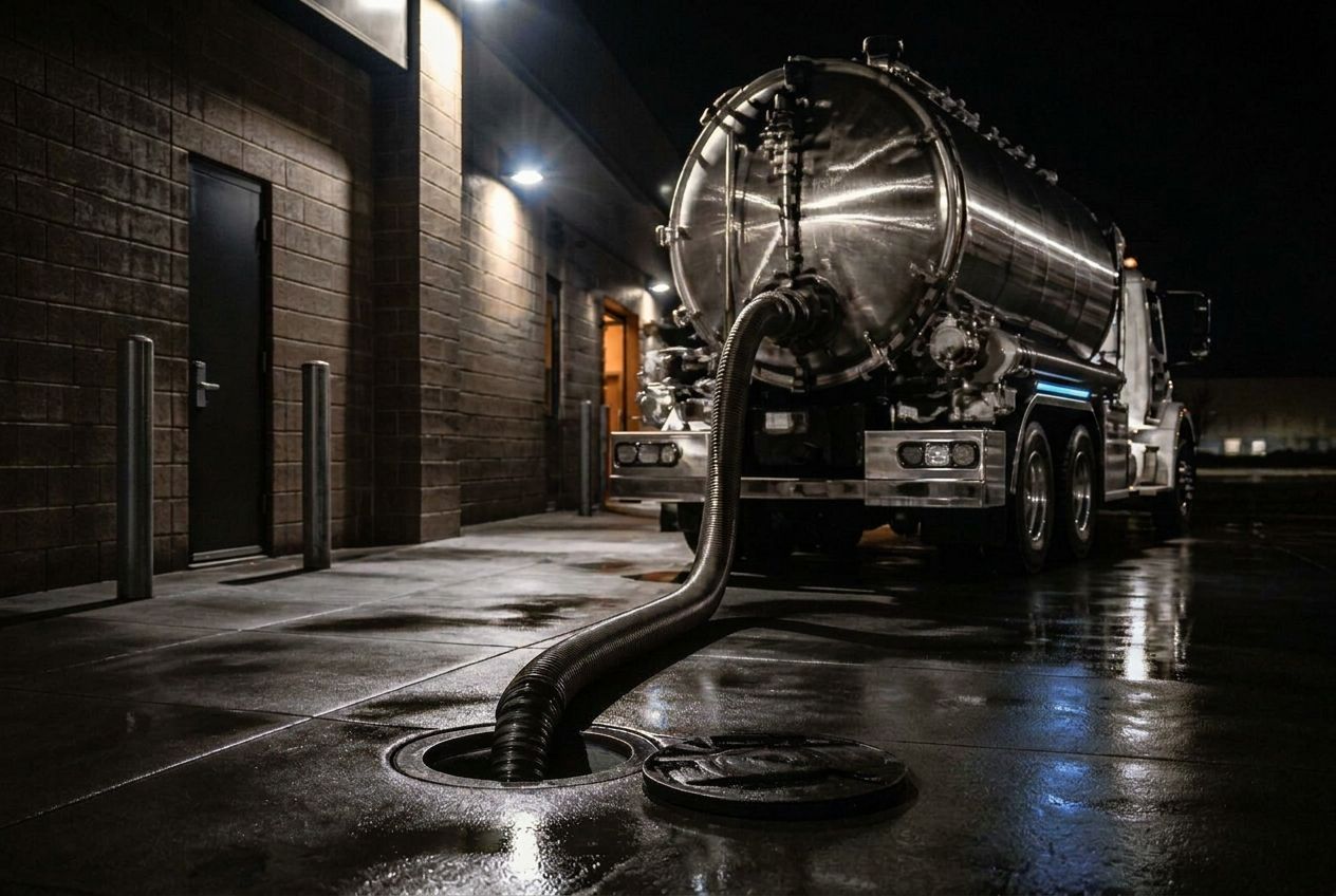 Grease interceptor pump-out service truck working a Southern California restaurant site at night.