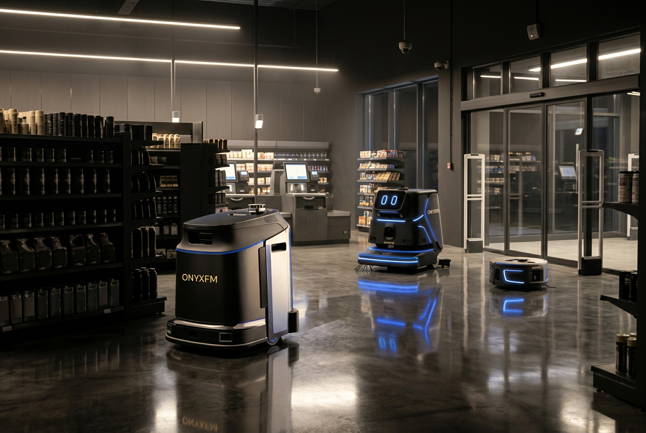 ONYXFM autonomous floor cleaning robot running a mapped route in a commercial building at night