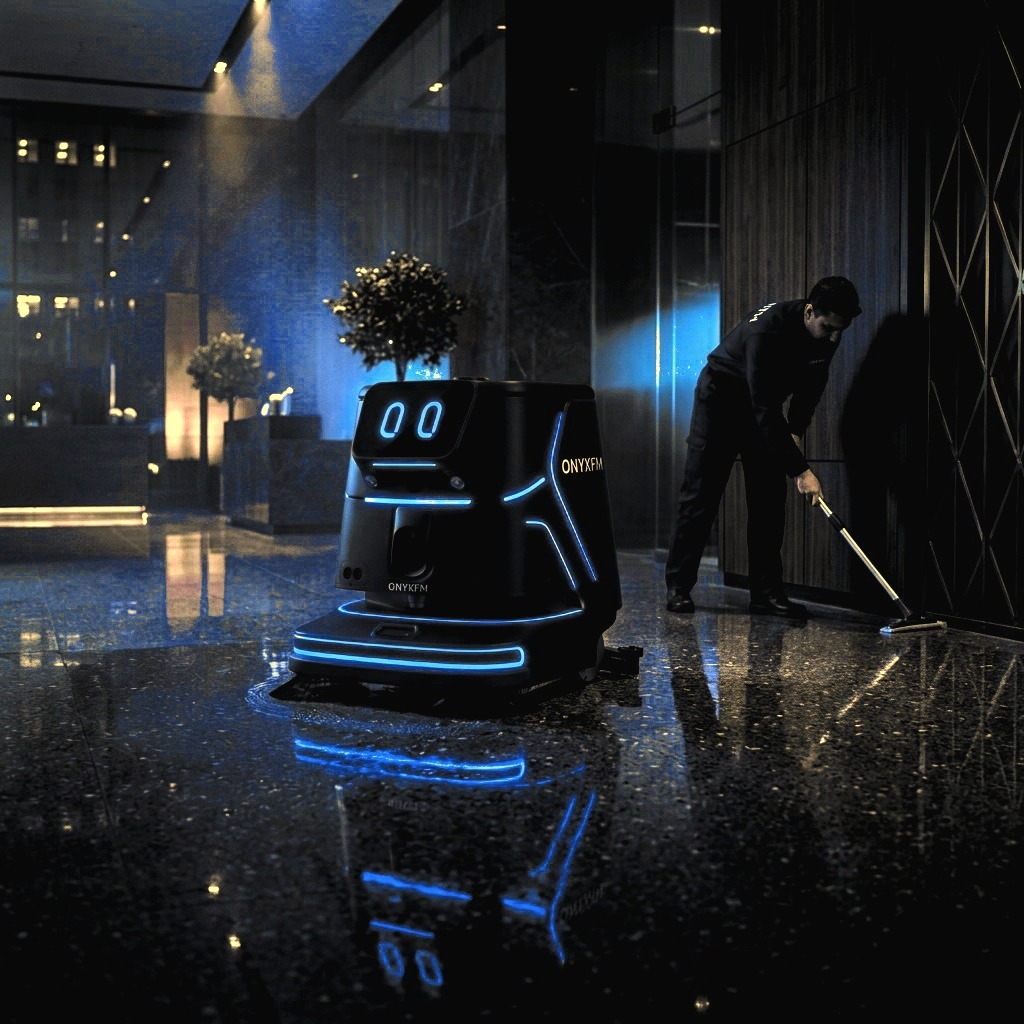 OnyxFM technician servicing an autonomous floor cleaning machine on site