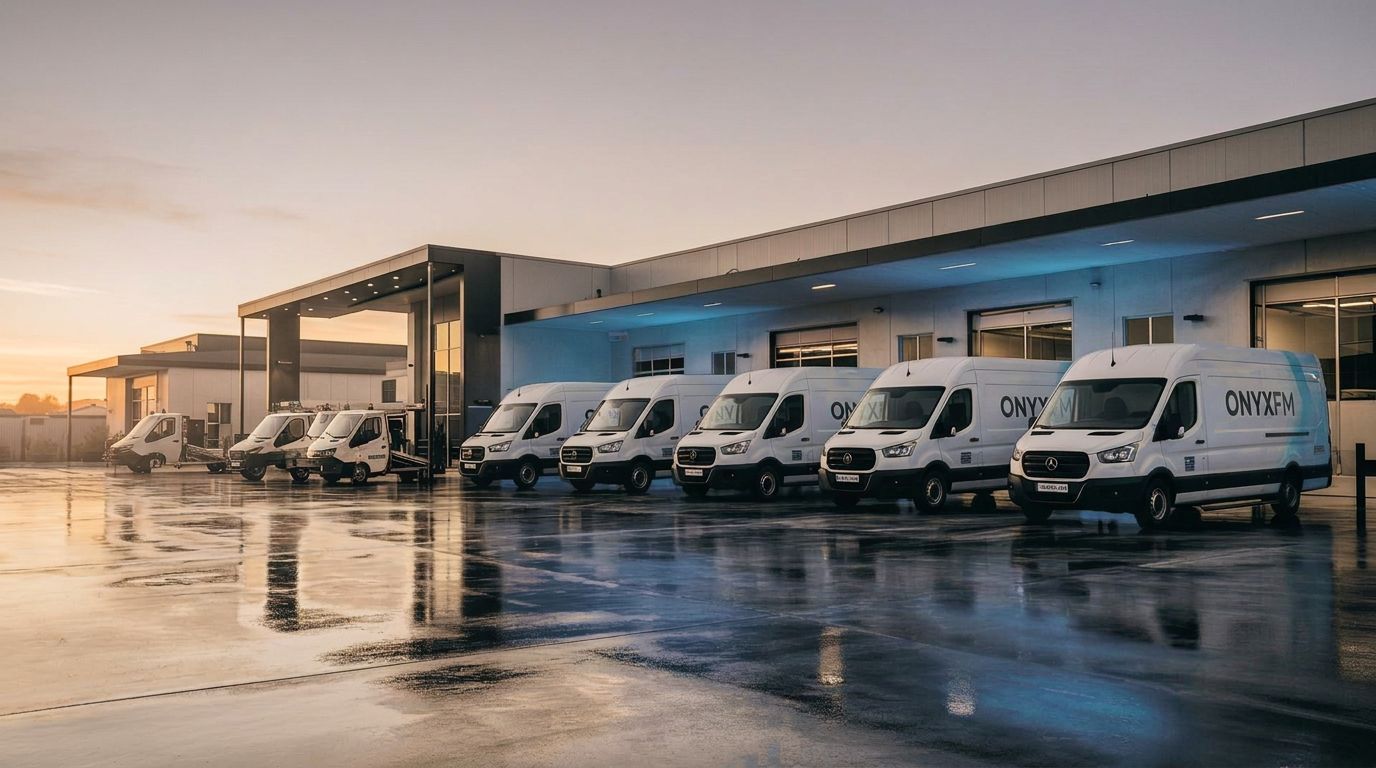 Fleet of white service vans in an industrial park